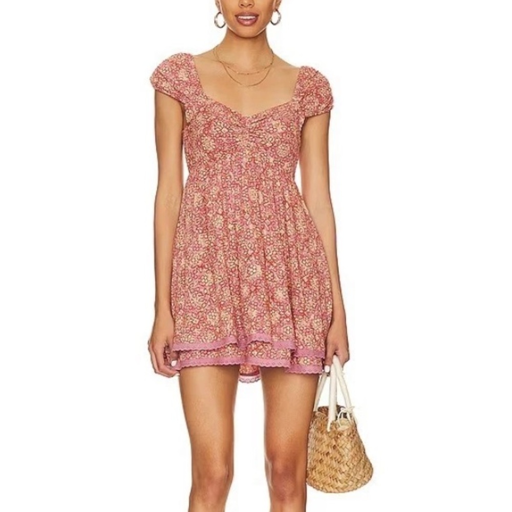 Free people nwt Tabitha babydoll purple pink rose petal combo print mini dress
